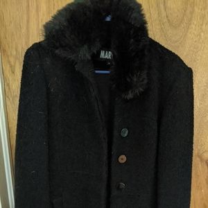 Faux fur collared midi length coat. Textured Not Smooth Wool/Rayon/Acrilic Mix.